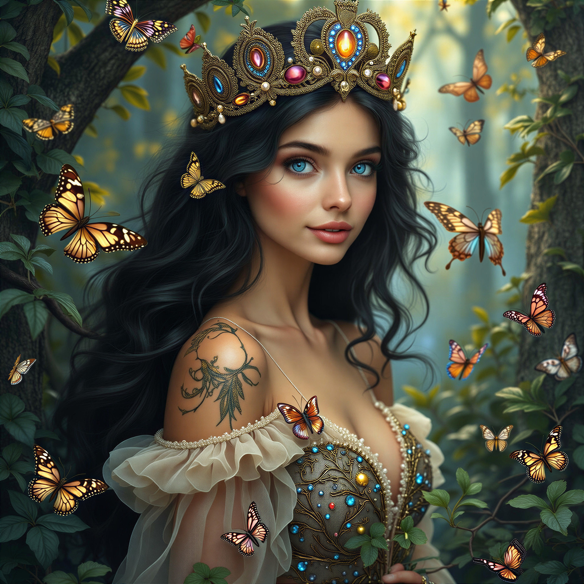 Young woman in jeweled gown with butterflies in forest