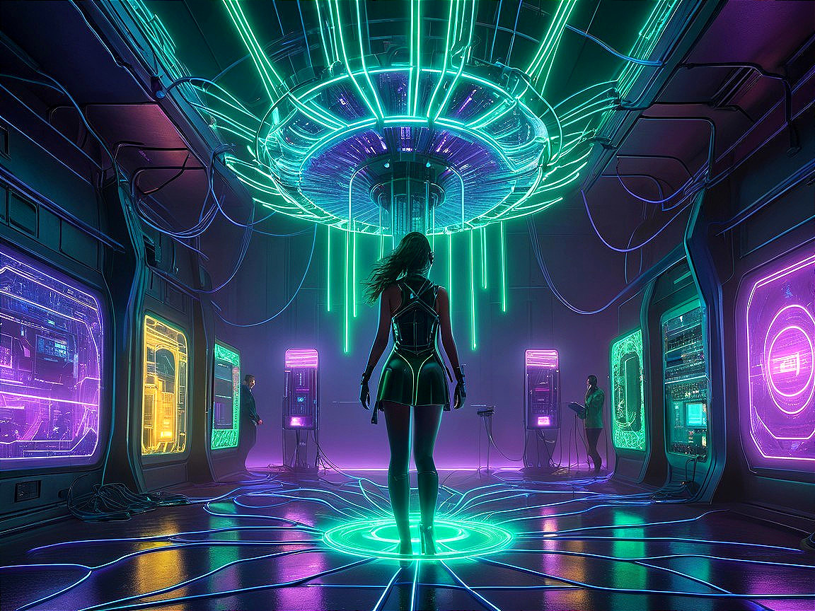 Futuristic Lab with Neon Lights and Holographic Displays