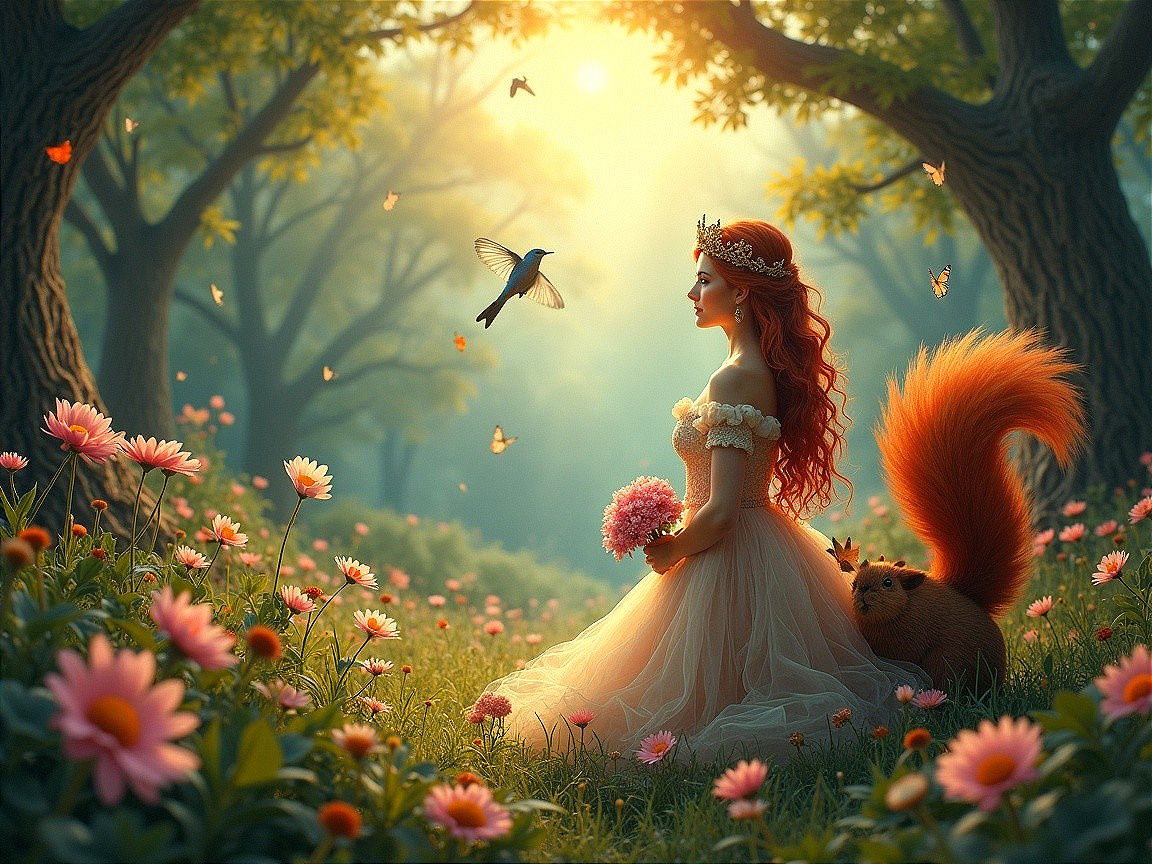 Young woman in a magical forest with flowers and butterflies