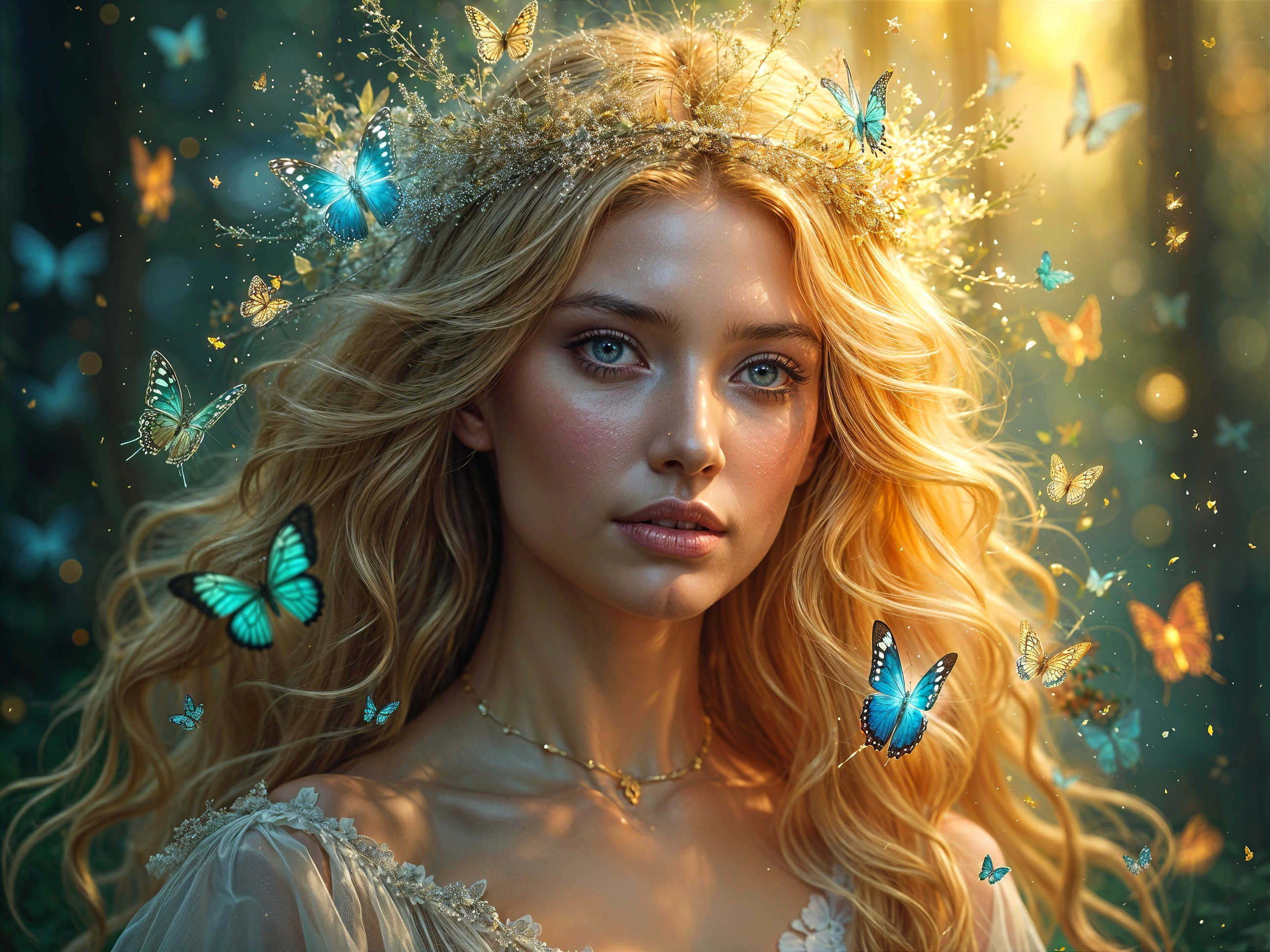 Young Woman in Flower Crown Surrounded by Butterflies