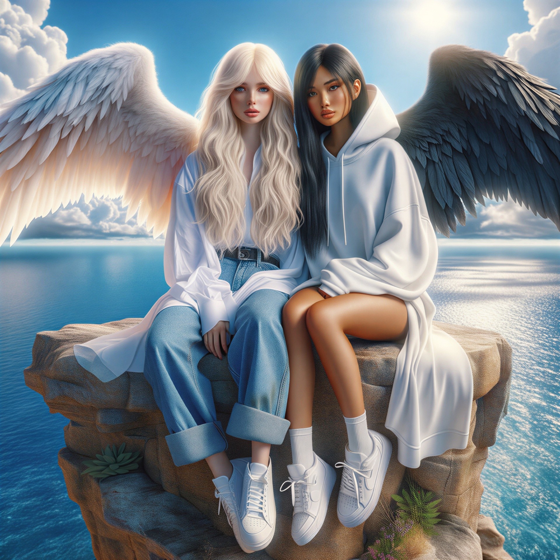 Ethereal Figures on Rocky Ledge Above Serene Waters