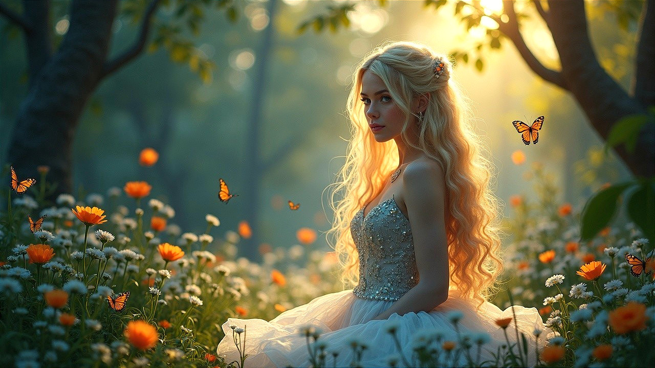 Serene Meadow Scene with Vibrant Wildflowers and Butterflies
