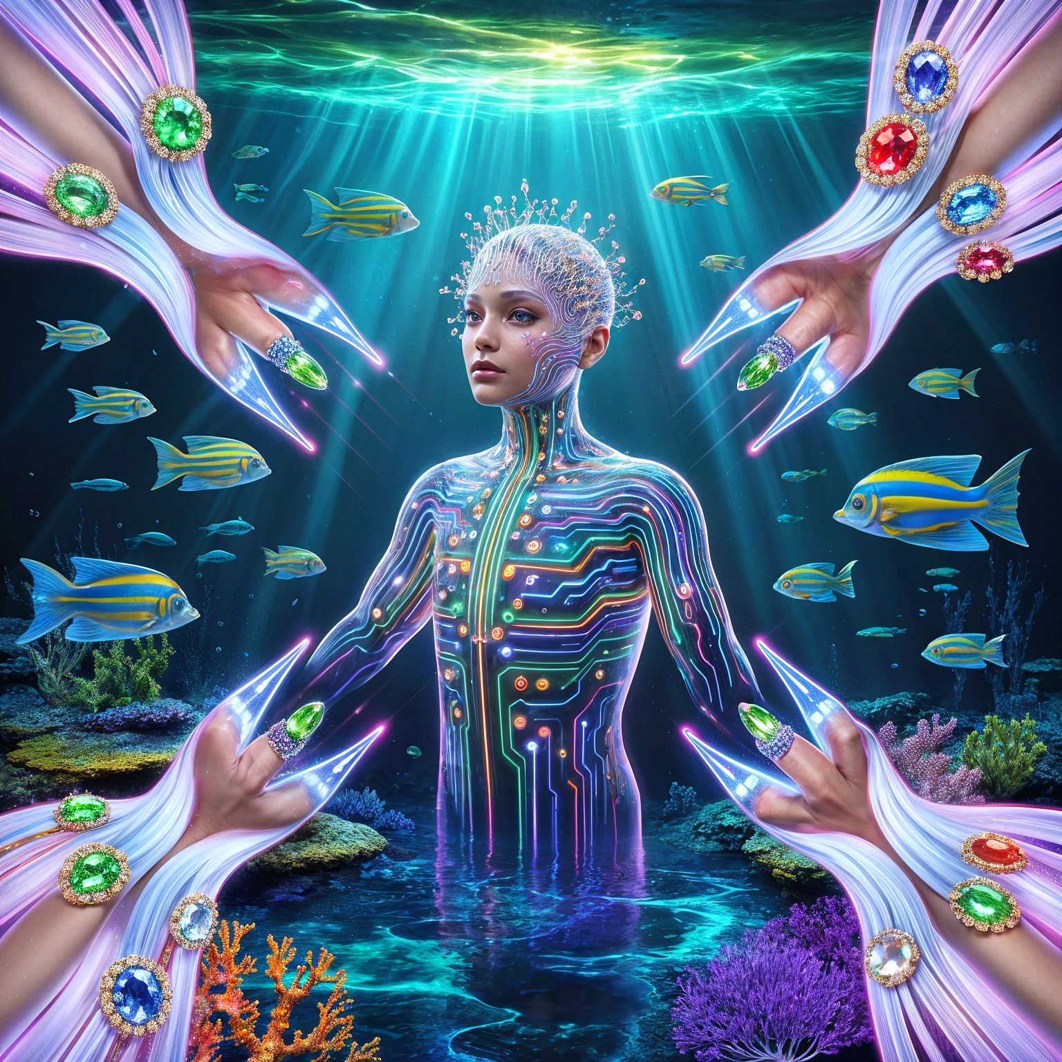 Underwater Futuristic Scene with Glowing Circuit Patterns