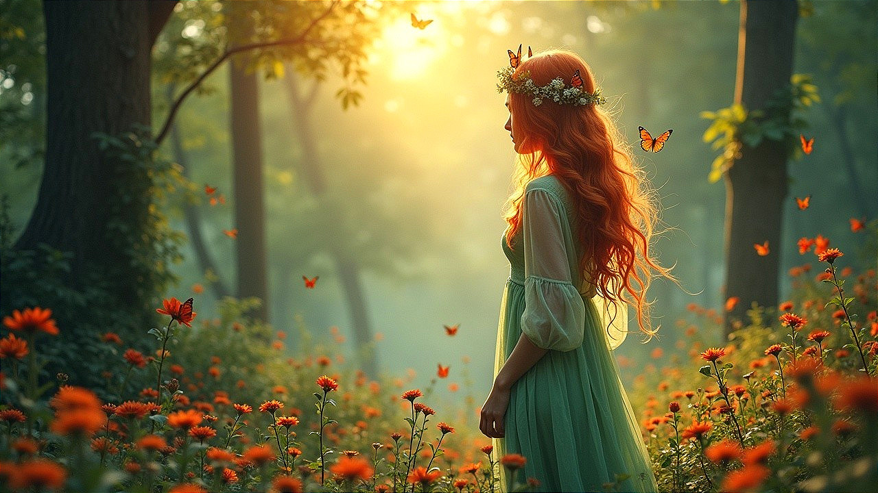 Young Woman in a Sunlit Forest with Butterflies