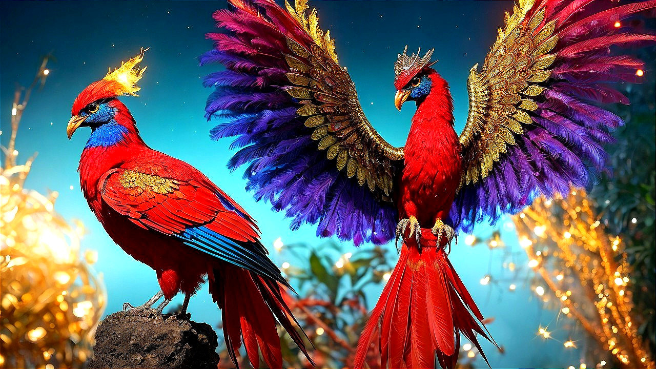 Vibrant Fantastical Birds on Colorful Background