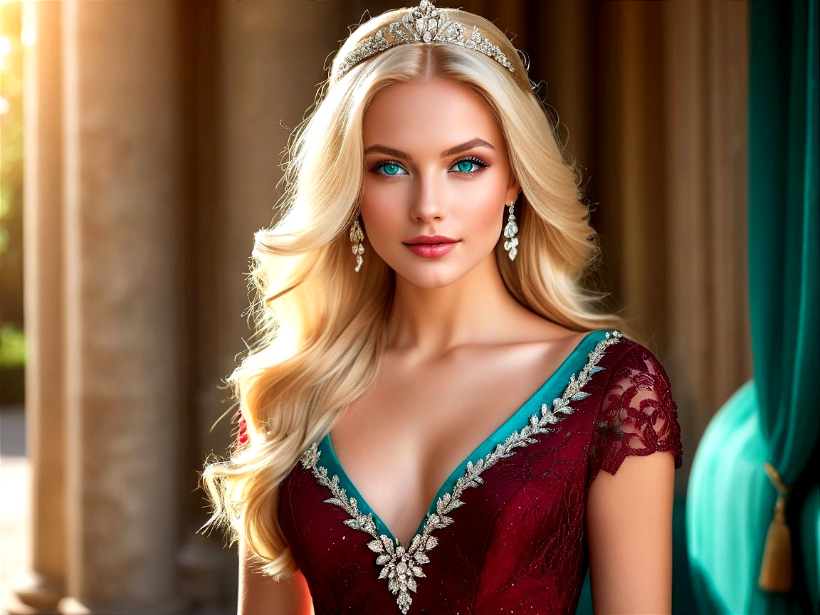 Elegant Woman in Burgundy Gown with Tiara and Lace