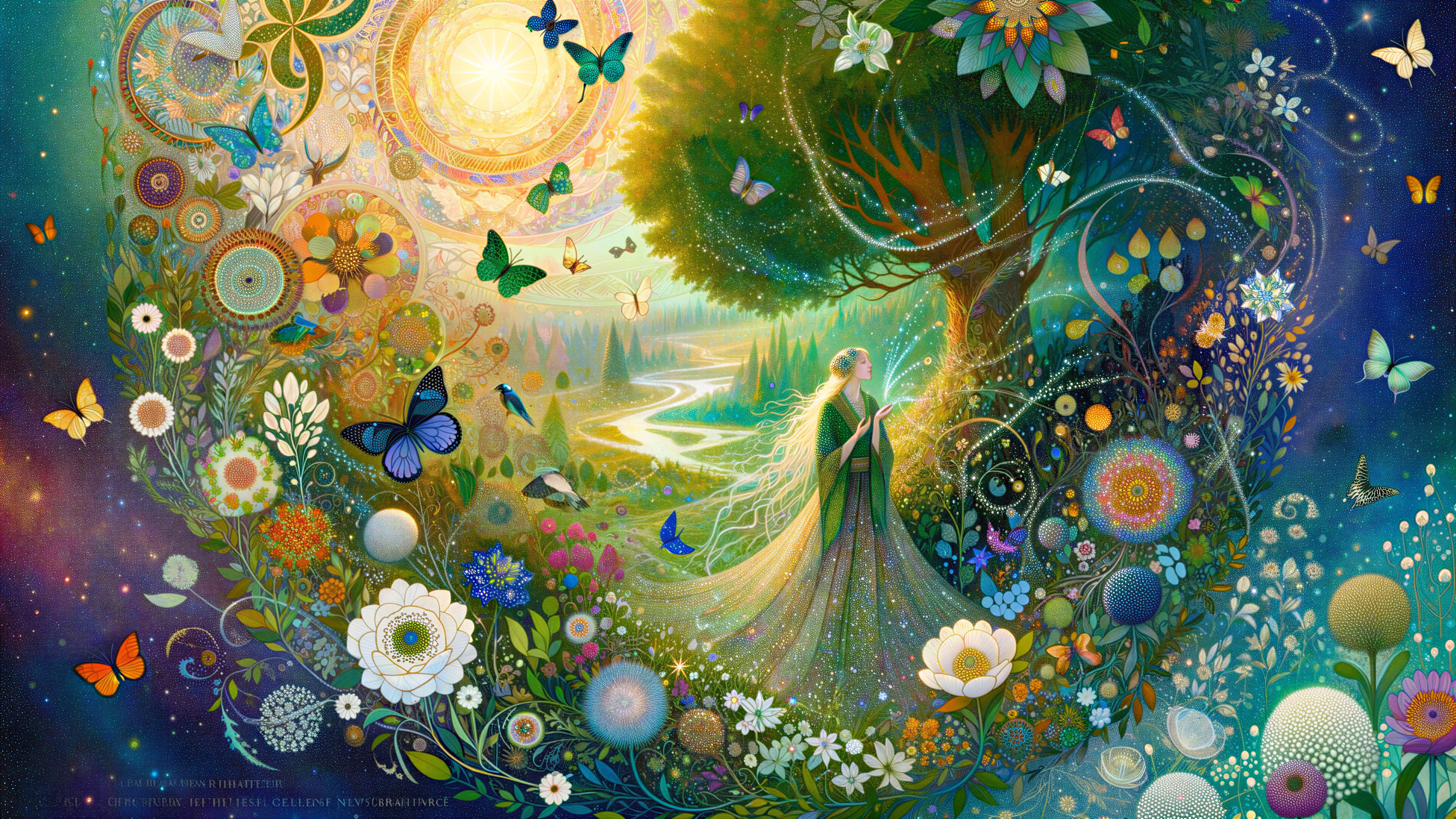 Vibrant Scene with Butterflies and Luminous Flowers