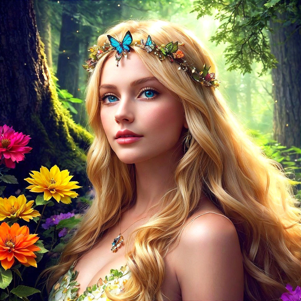 Young Woman with Floral Crown in Lush Forest Setting