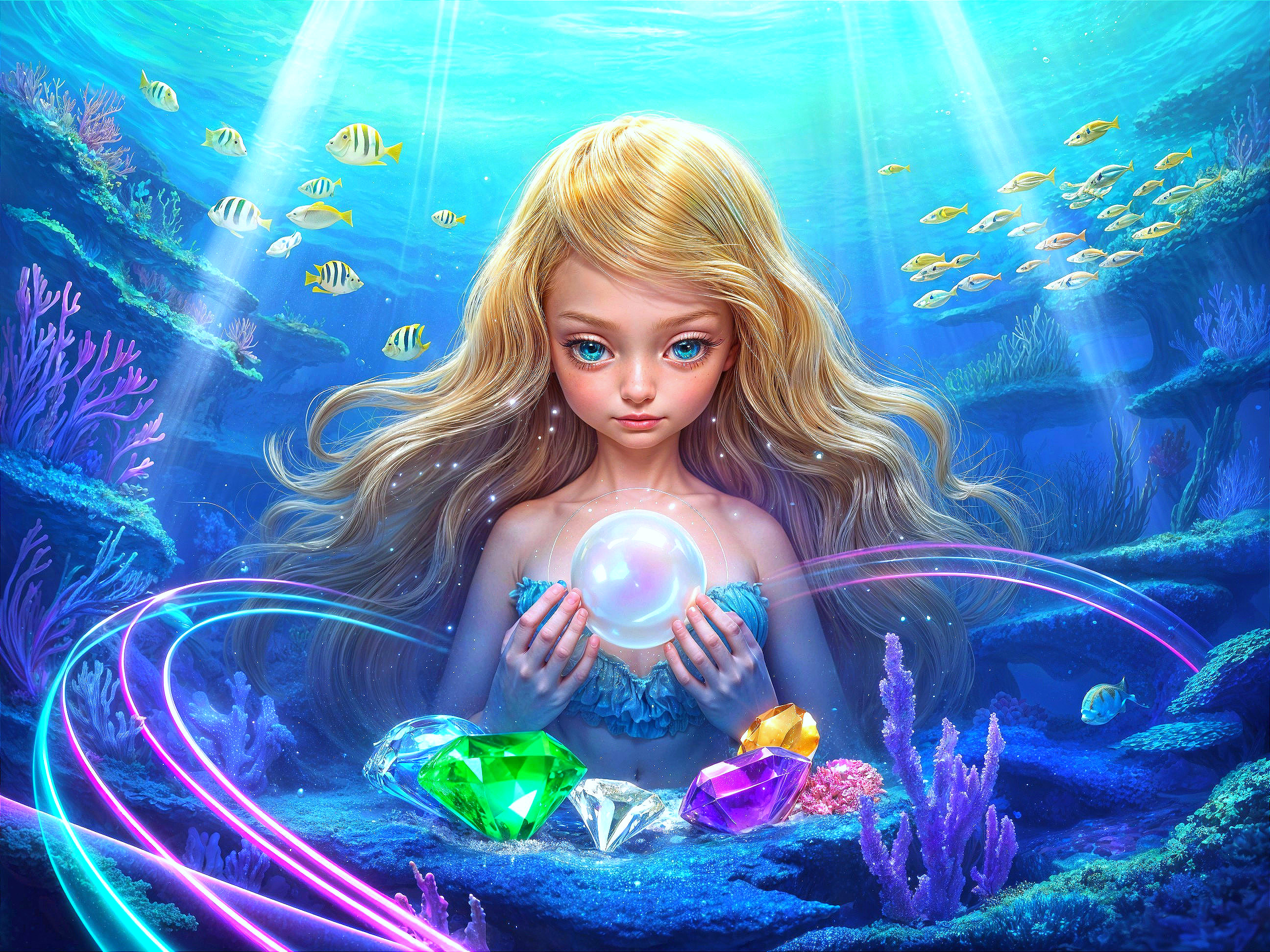 Underwater Scene with Girl, Coral Reefs, and Pearls