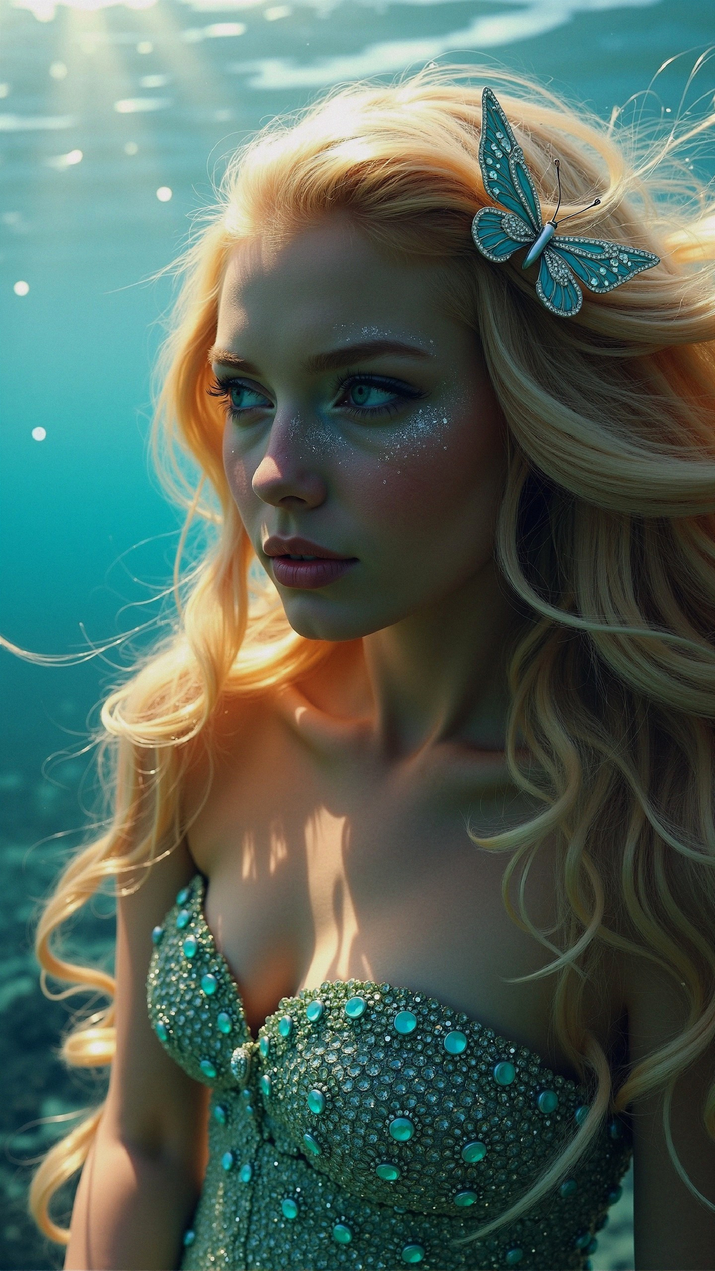 Underwater Scene of a Young Woman with Butterfly Clip