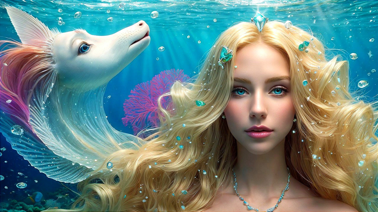 Underwater Scene with Mermaid and Unicorn in Ocean