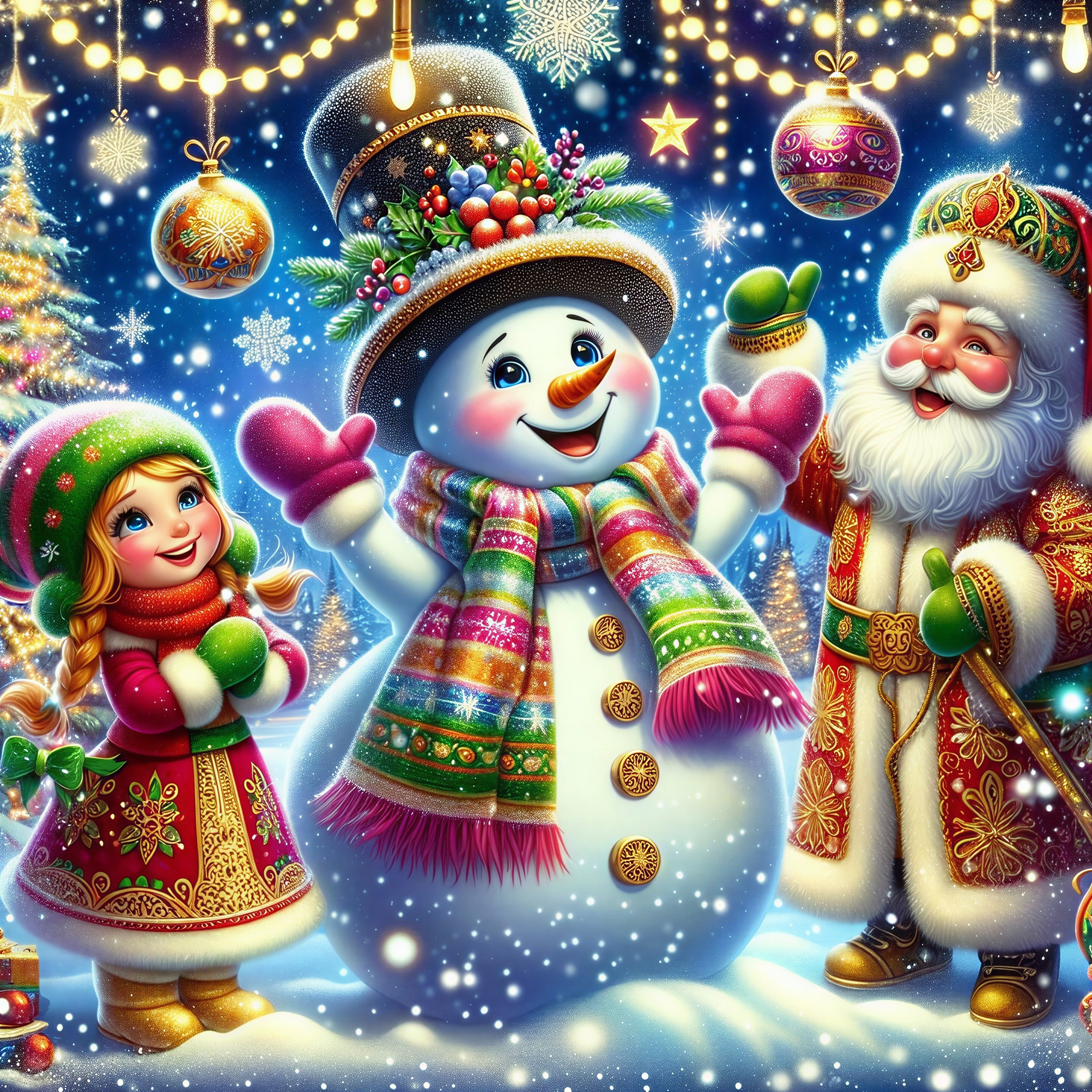 Cheerful Winter Scene with Snowman and Festive Characters