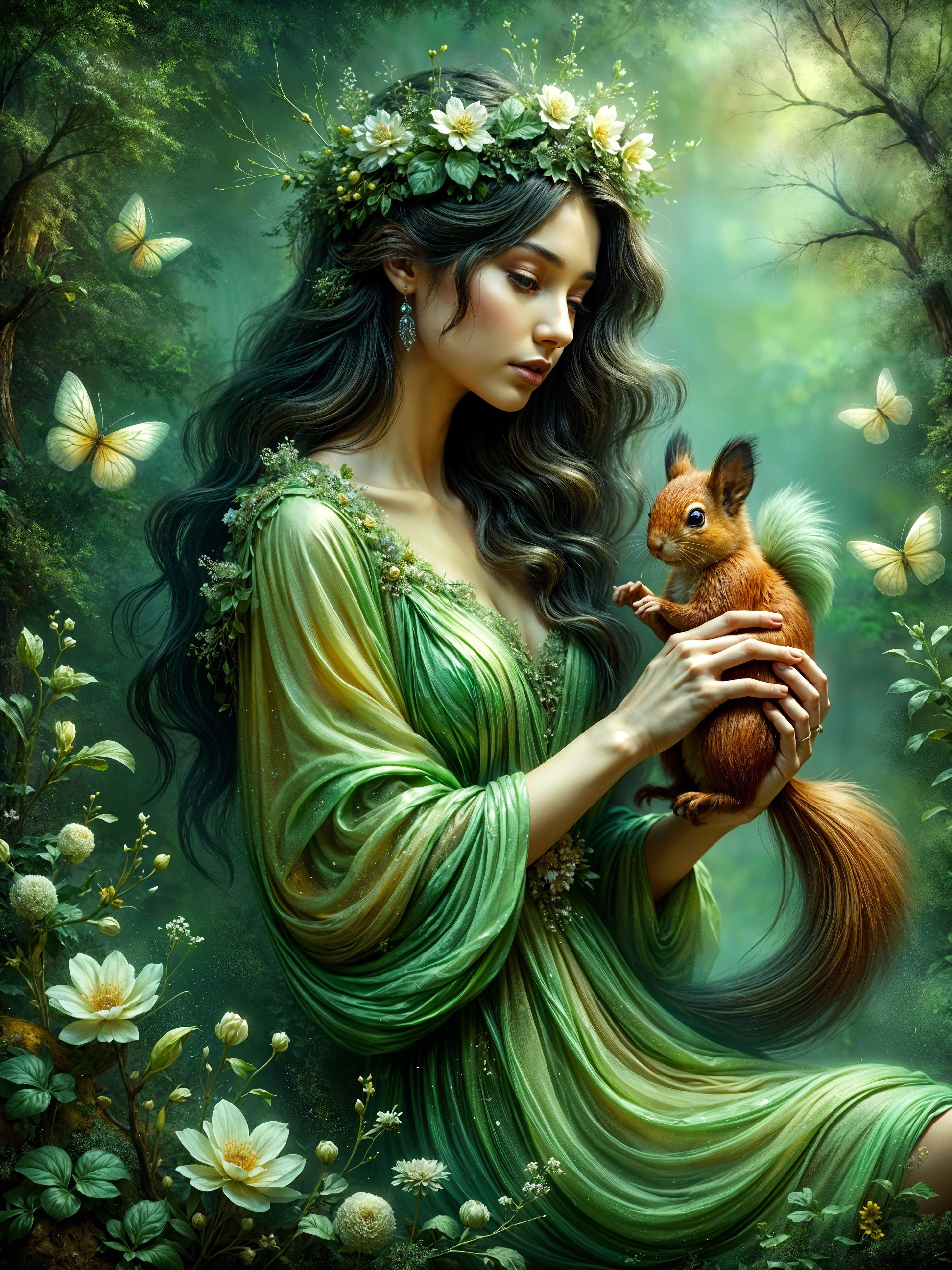 Woman in Green Gown with Squirrel in Serene Forest