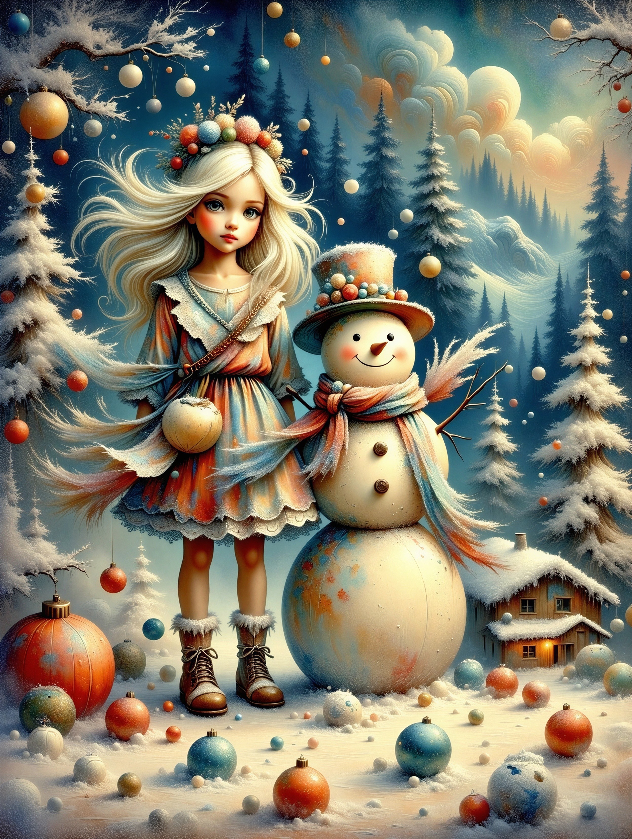 Whimsical Winter Landscape with Girl and Snowman