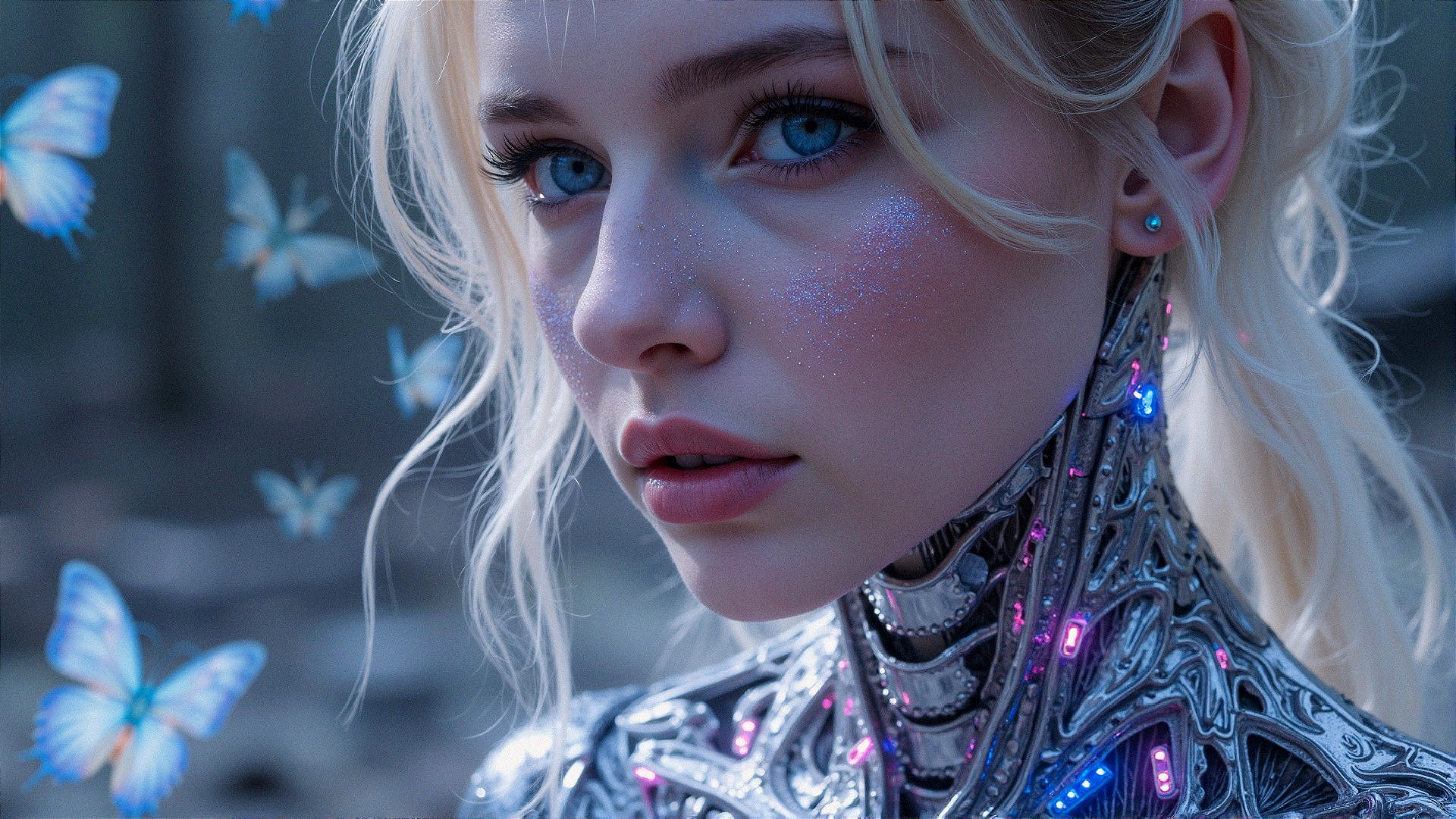Futuristic Female Figure with Blue Eyes and Butterflies