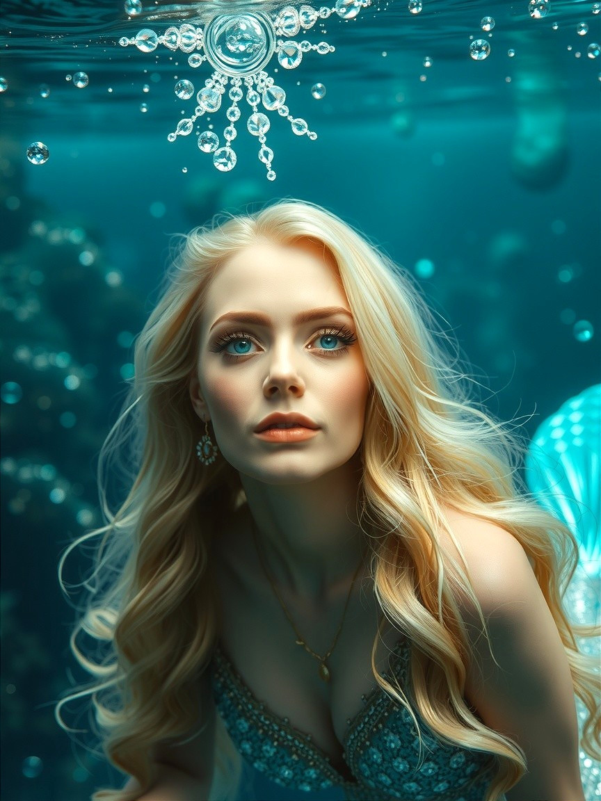 Serene Underwater Scene with Blonde Woman and Bubbles