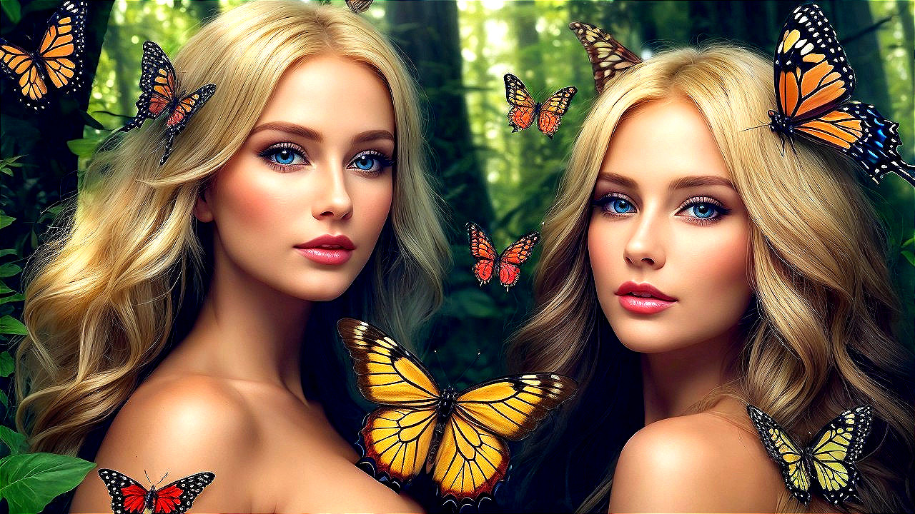 Blonde Women in a Forest with Butterflies Surrounding