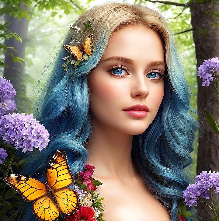 Portrait of a woman with blue hair and flowers