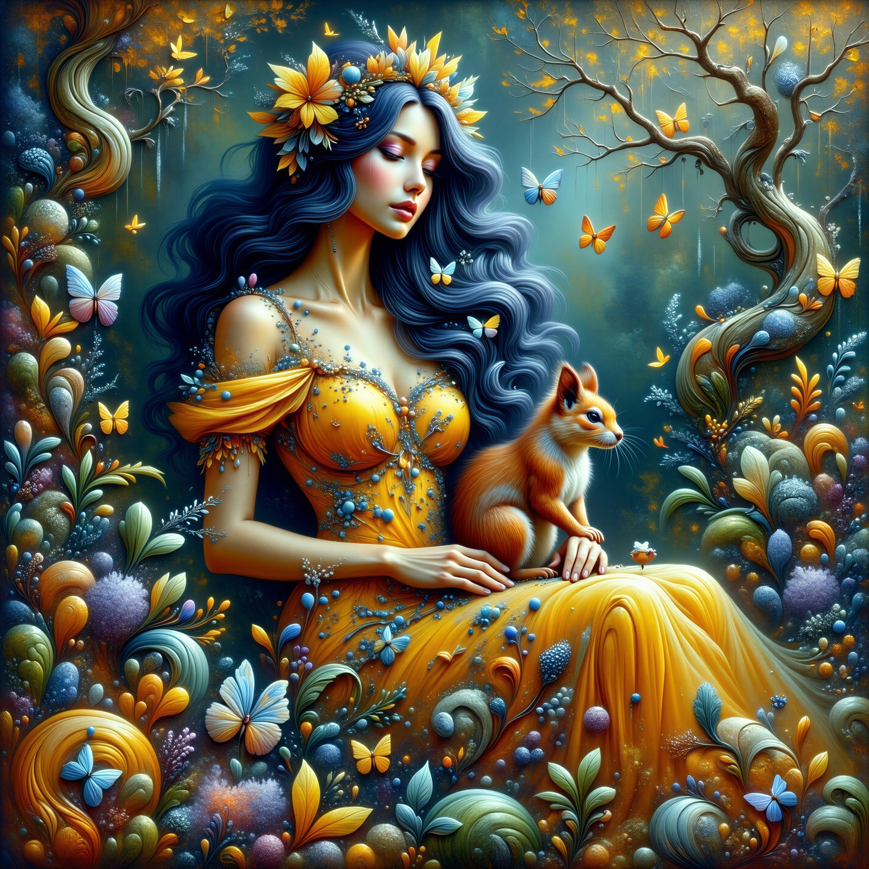 Serene Woman in Enchanted Garden with Nature Elements