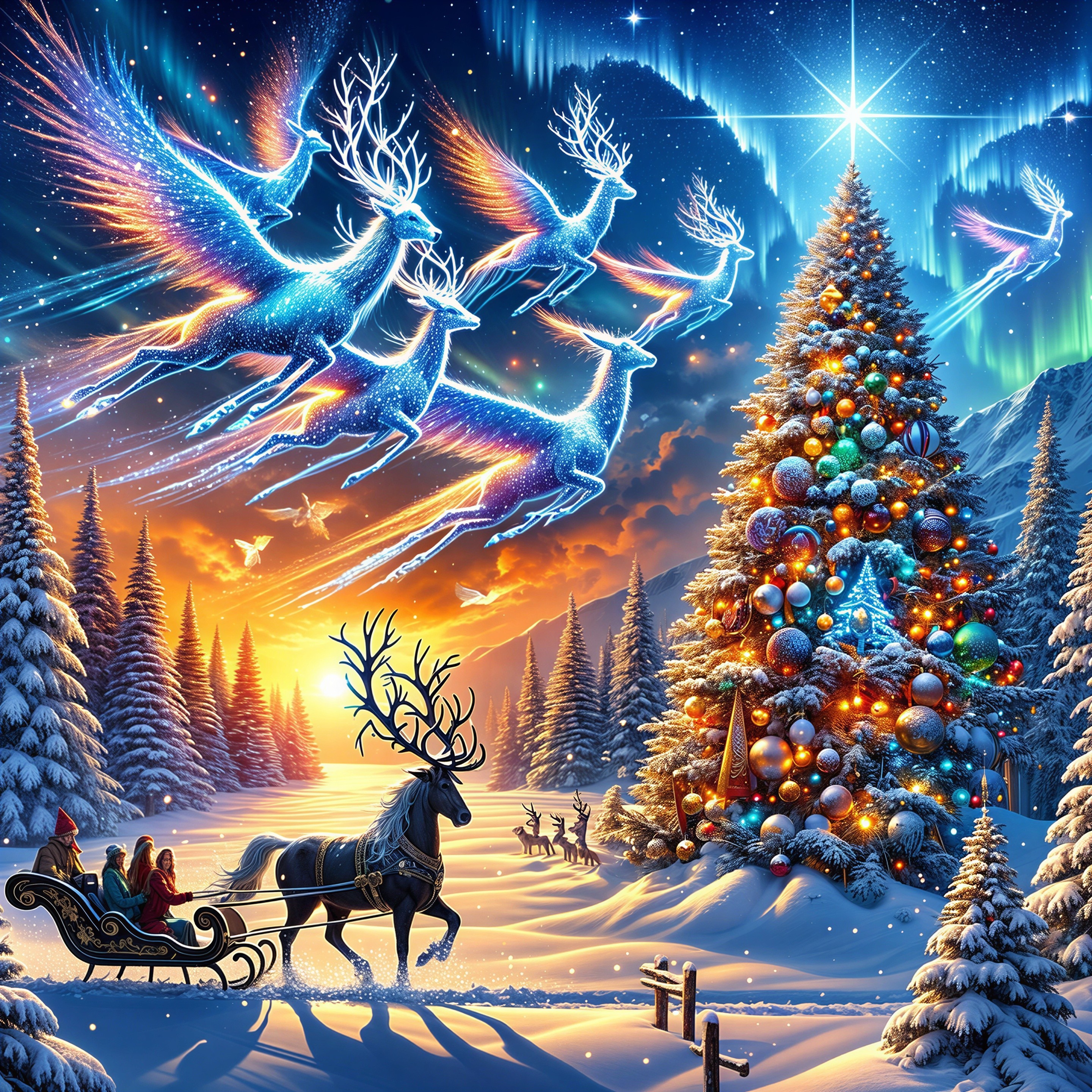 Whimsical Winter Wonderland with Christmas Tree and Reindeer