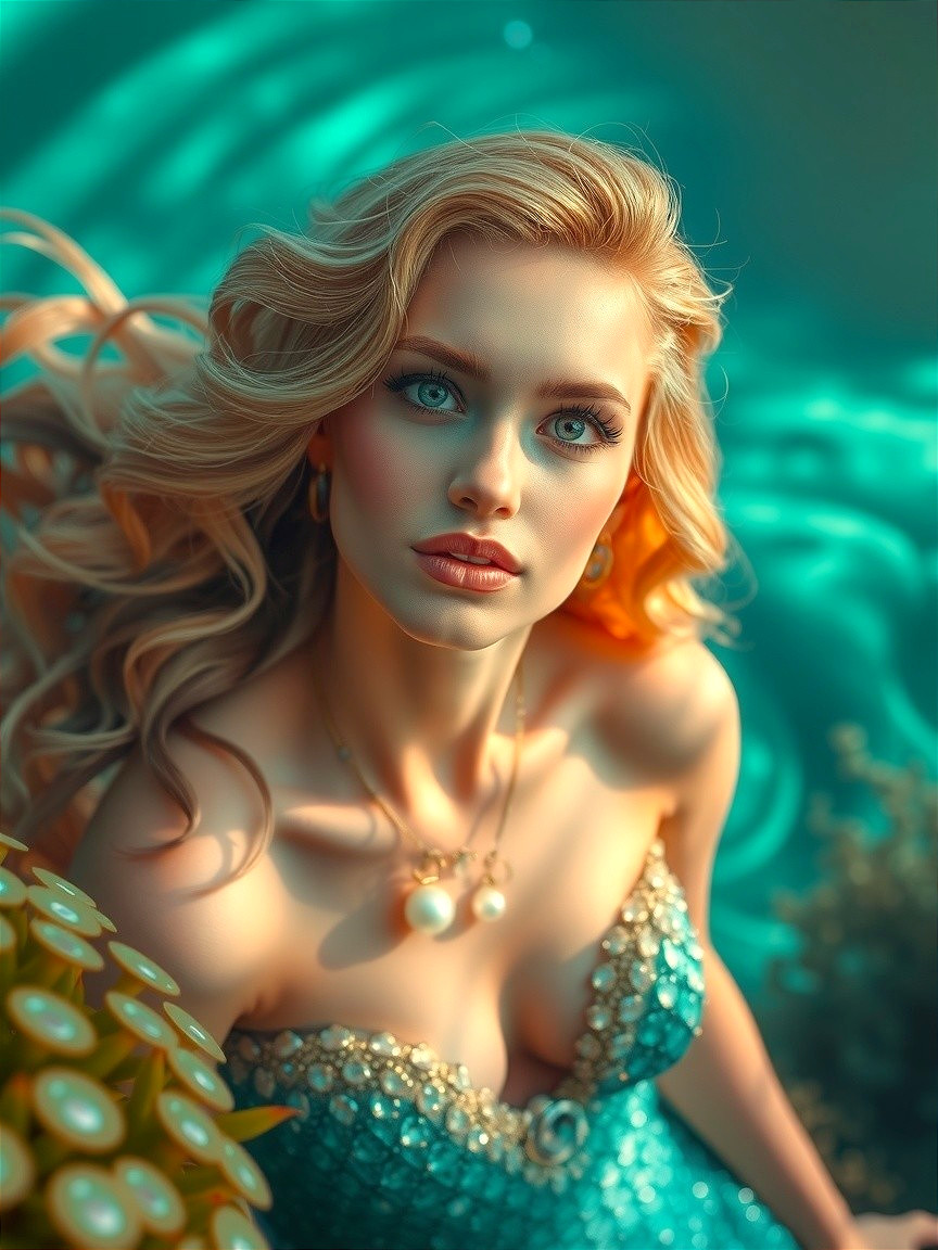 Underwater Scene with Woman in Teal Gown and Pearls