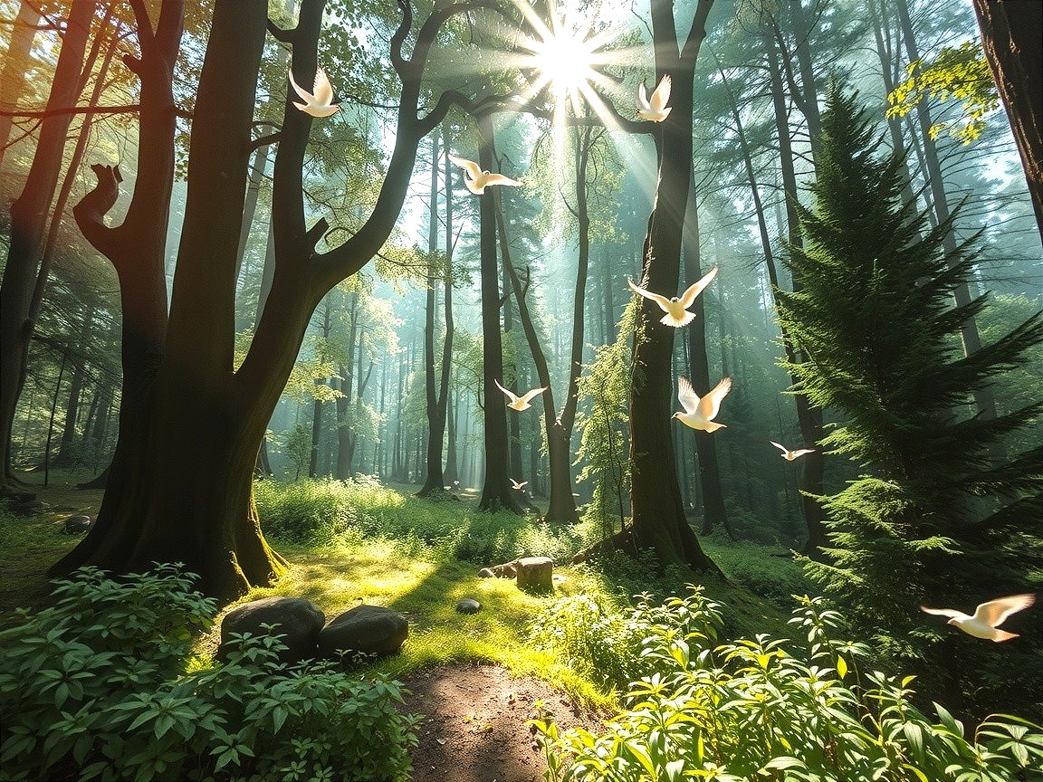 Serene Forest Scene with Sunlight and Mist