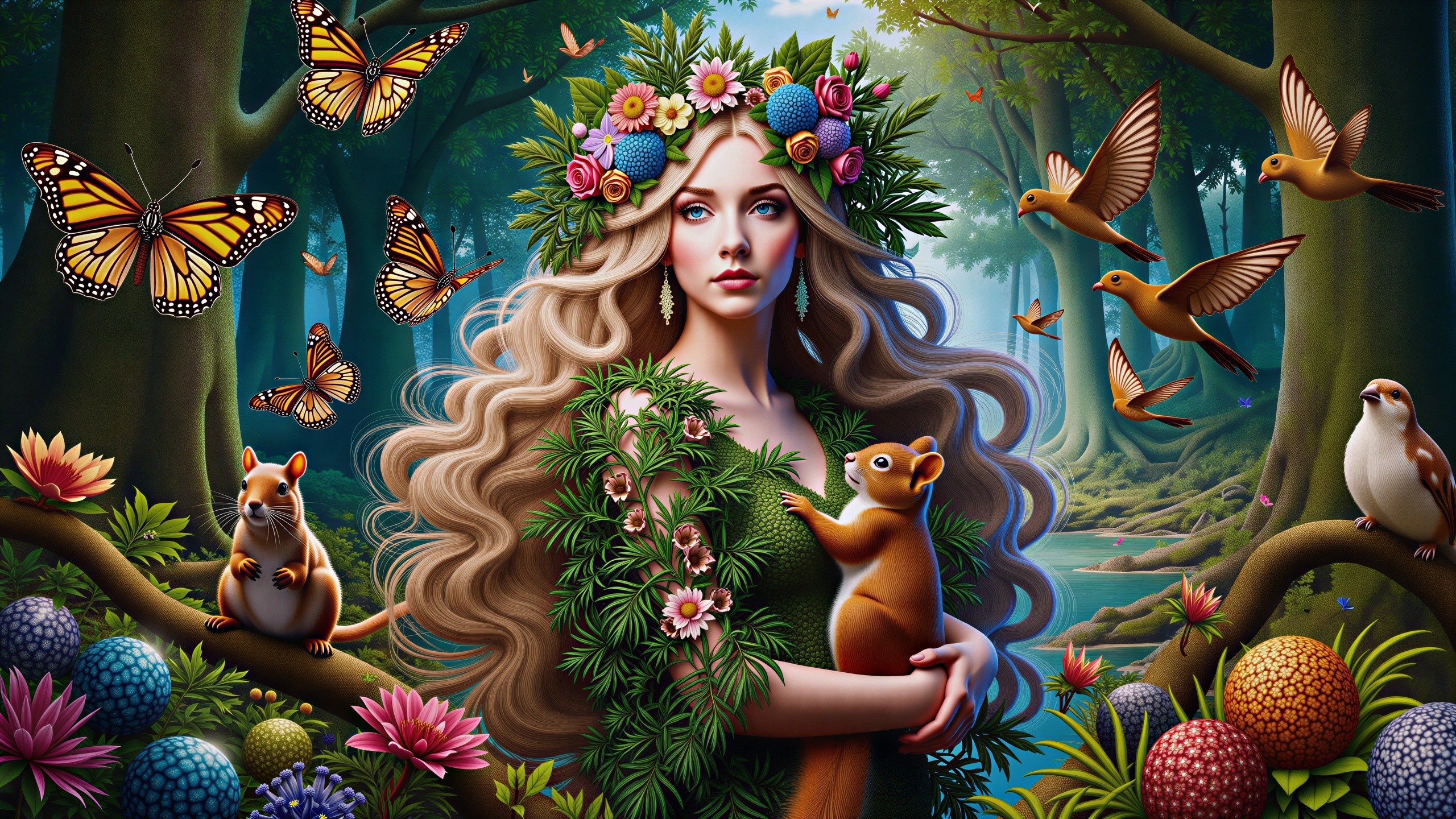 Serene Woman in Vibrant Forest with Nature Elements