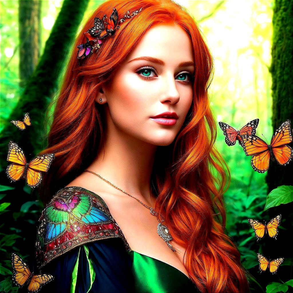 Young Woman in Green Dress Surrounded by Butterflies