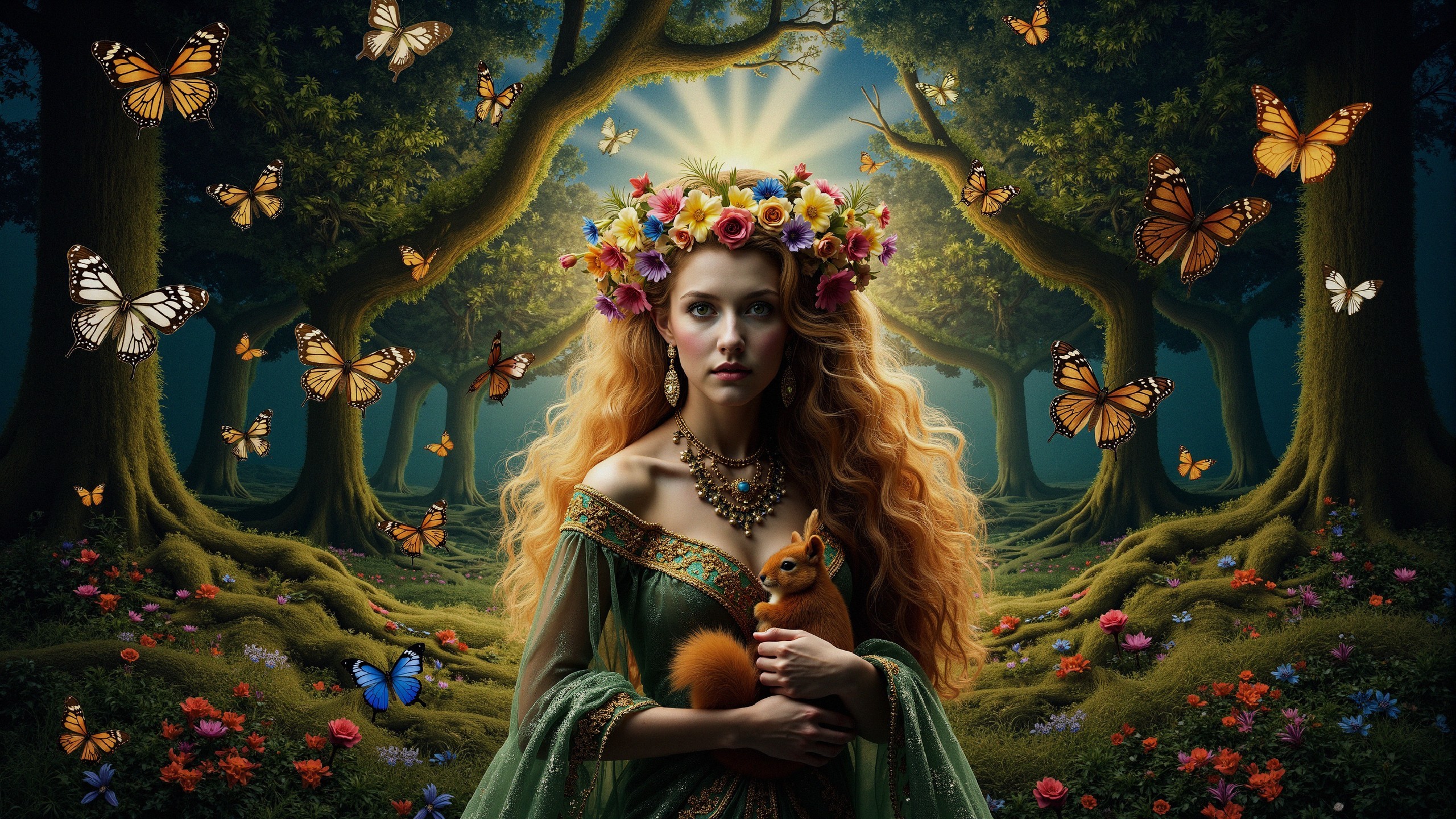 Young Woman in Magical Forest with Squirrel and Butterflies