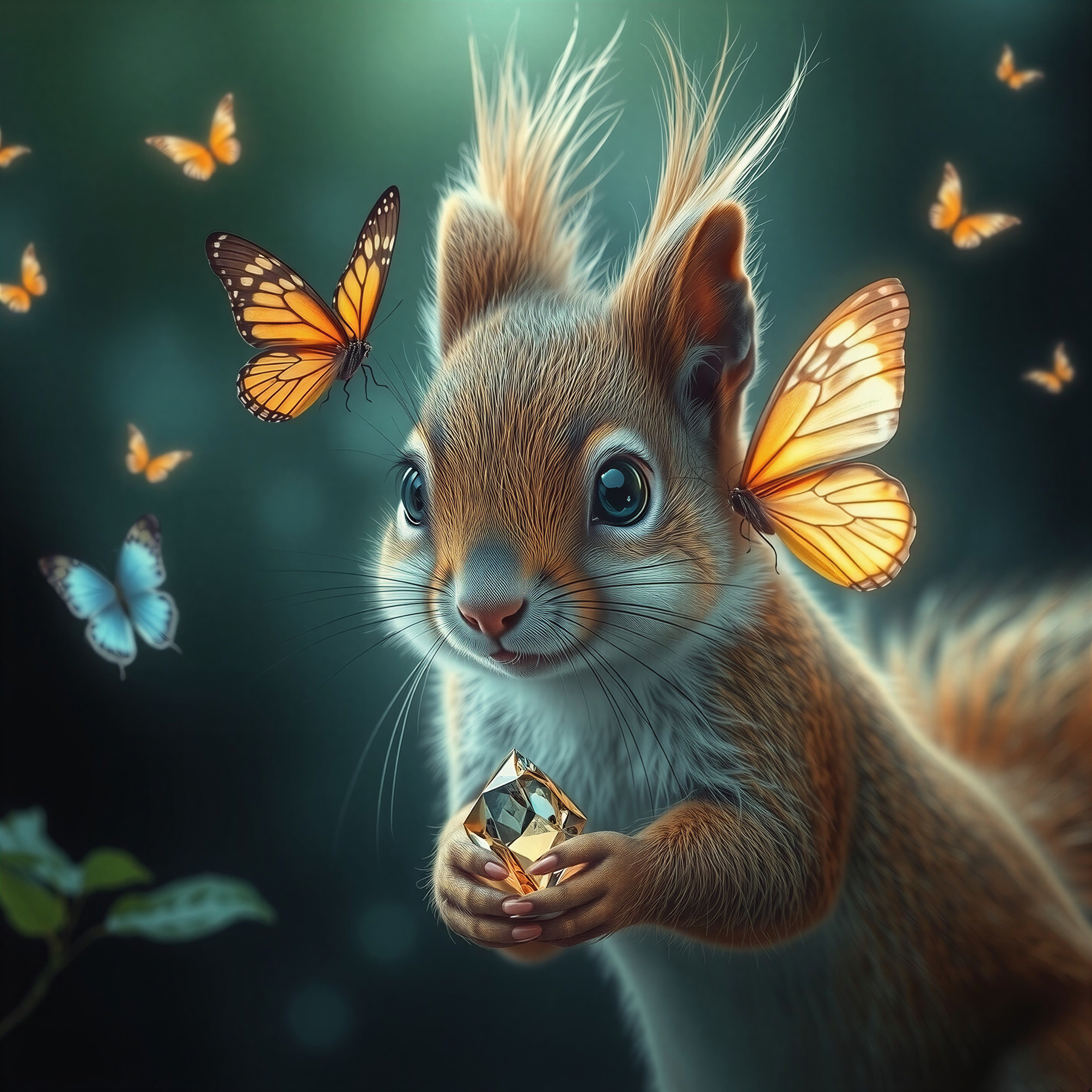 Squirrel with Crystal and Butterflies in Nature Scene