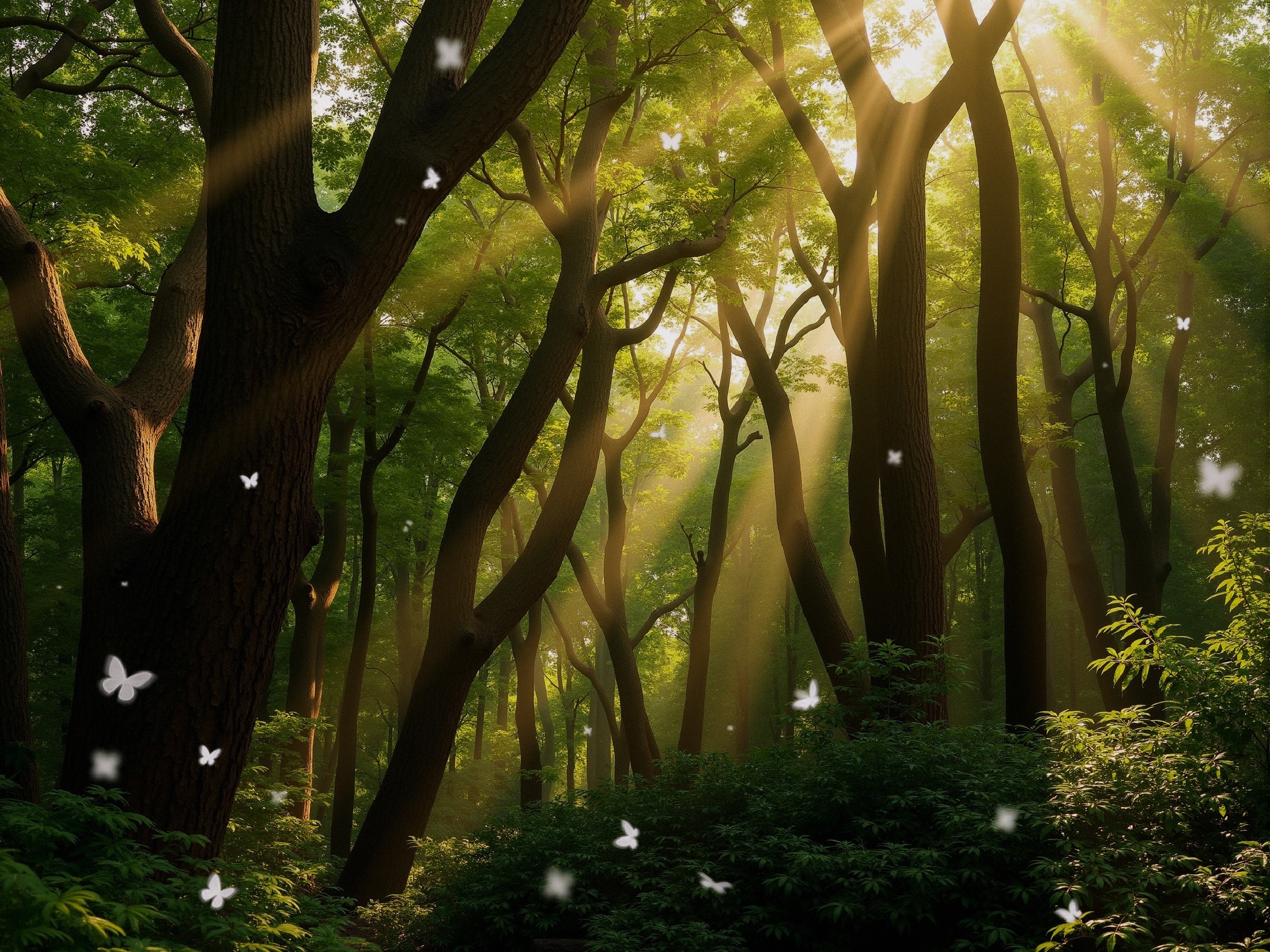 Serene forest scene with sunlight and butterflies