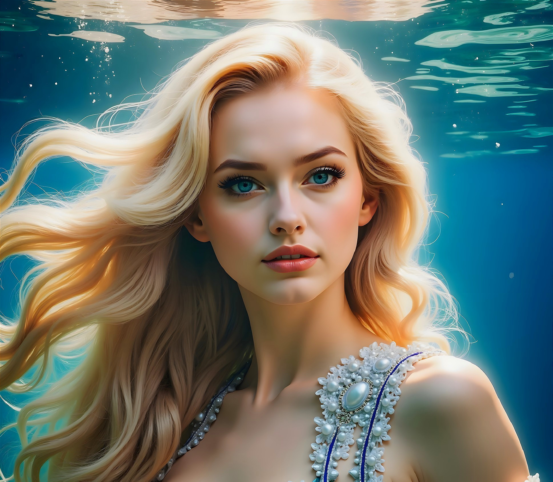 Underwater Portrait of a Young Woman with Pearls