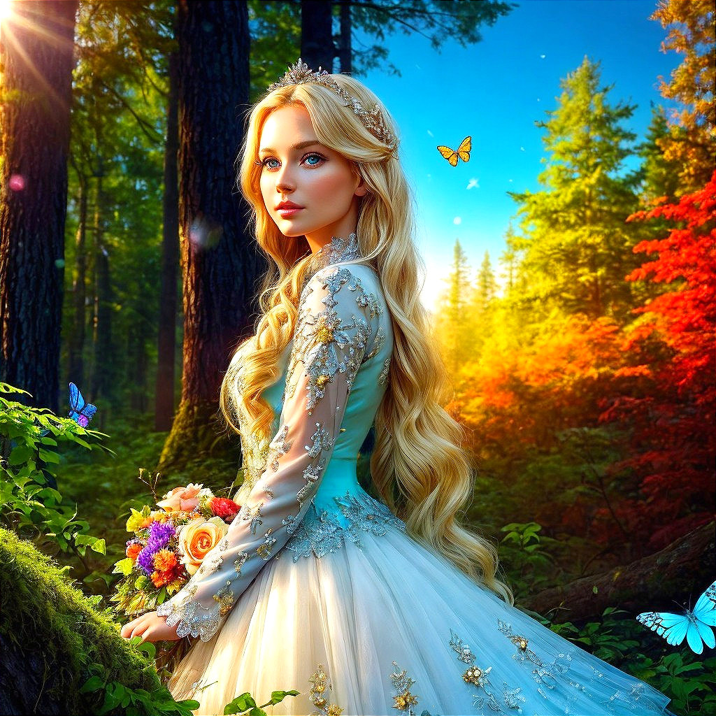 Young woman in gown in vibrant forest with flowers