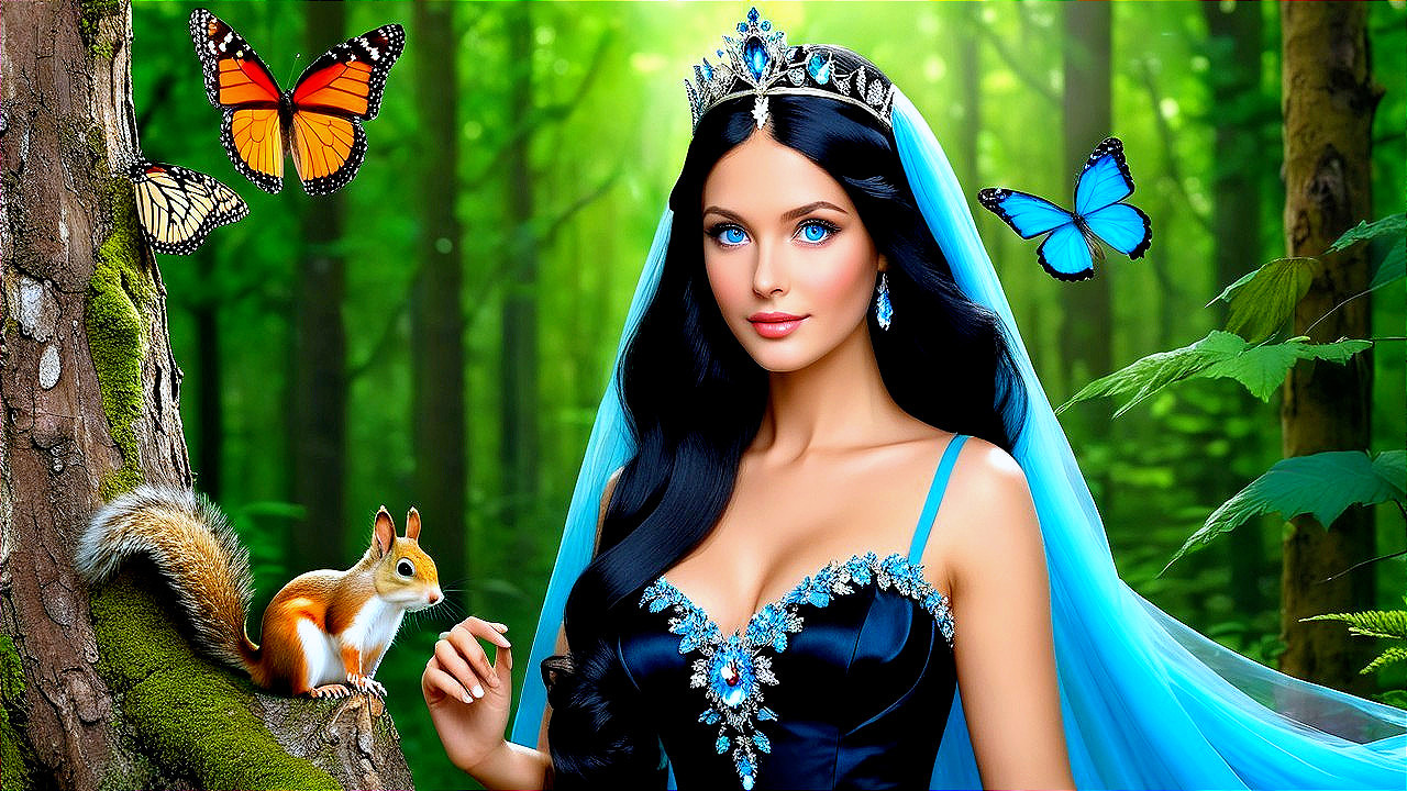 Fairy-Tale Scene with Woman in Blue Gown and Butterflies