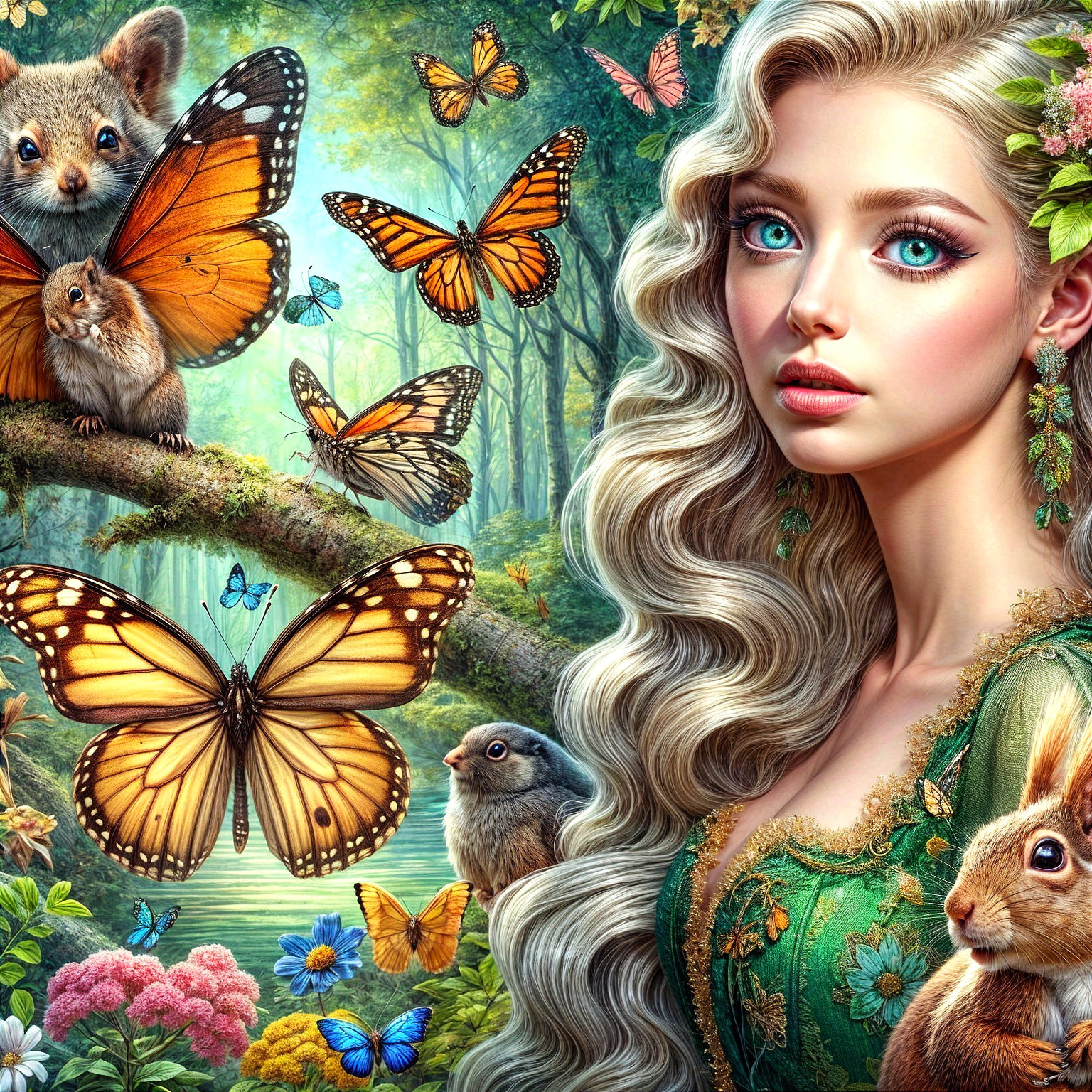 Young woman in vibrant forest with butterflies and animals