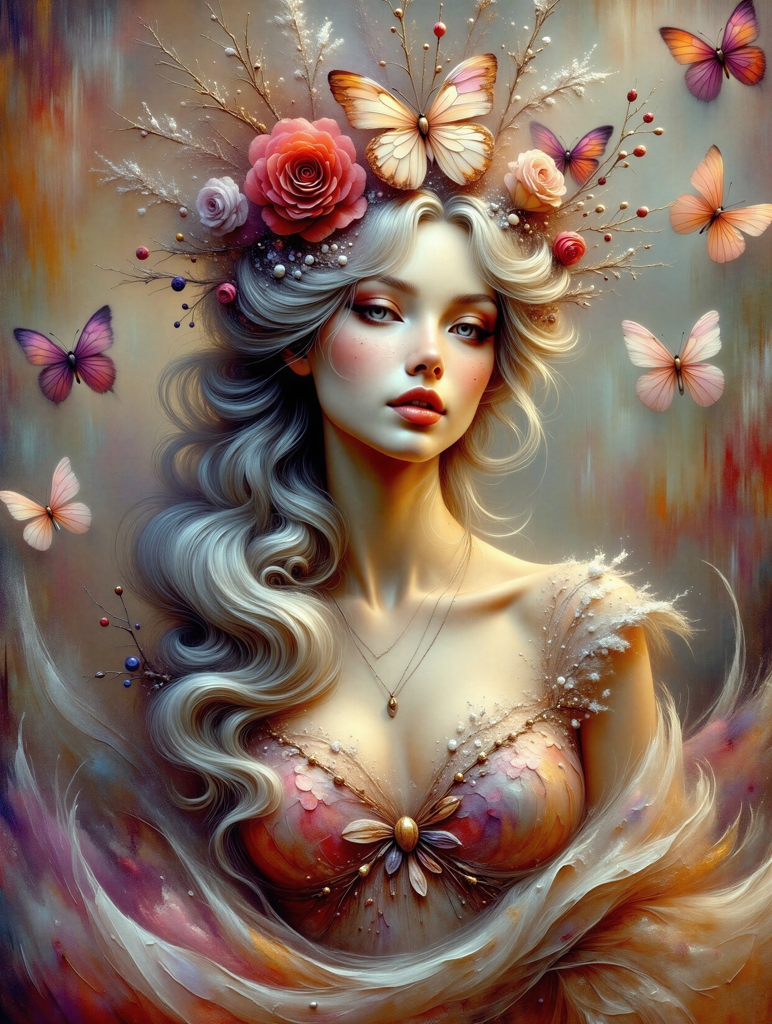 Ethereal woman with butterflies and flowers in gown
