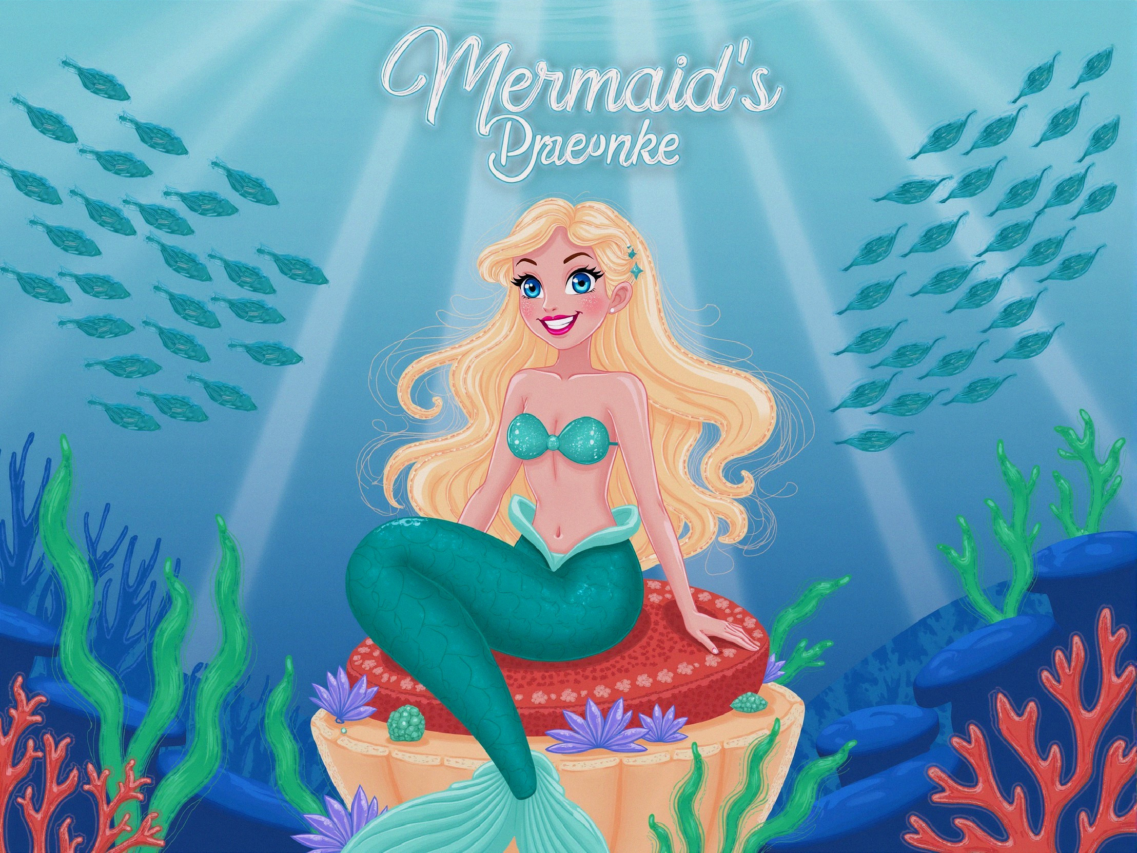 Vibrant Underwater Scene with Cheerful Mermaid