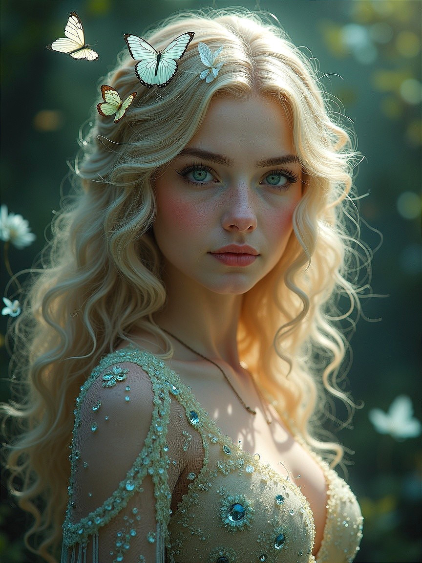 Ethereal portrait of a young woman with butterflies