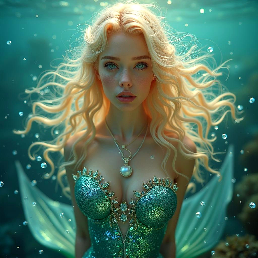 Underwater Scene with Mermaid and Aquamarine Scales