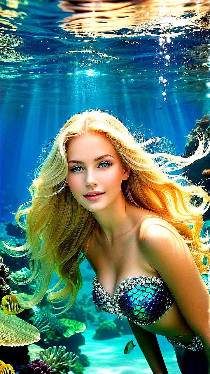 Underwater Scene with Mermaid and Coral Reefs