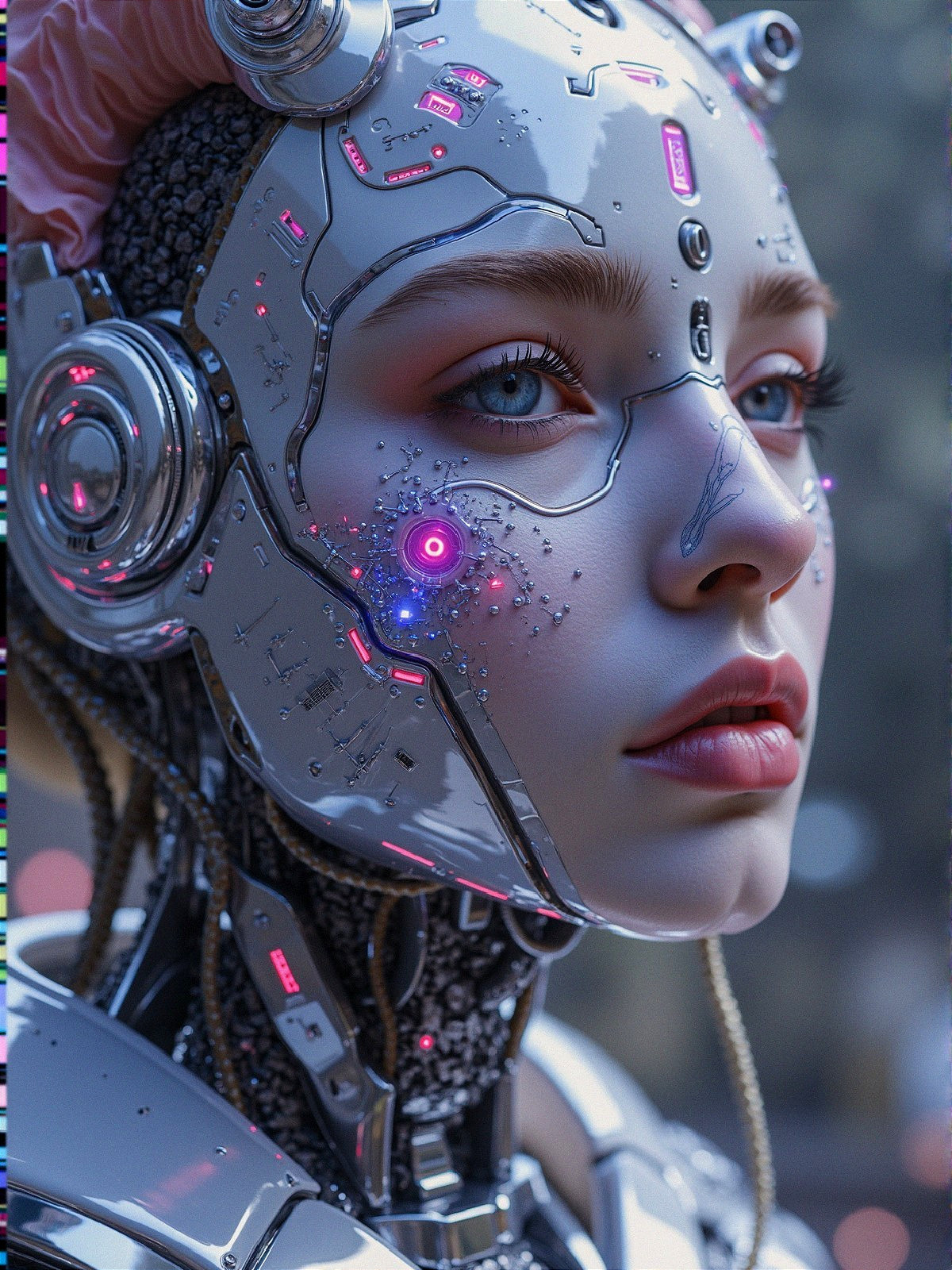 Futuristic humanoid robot with metallic face and lights