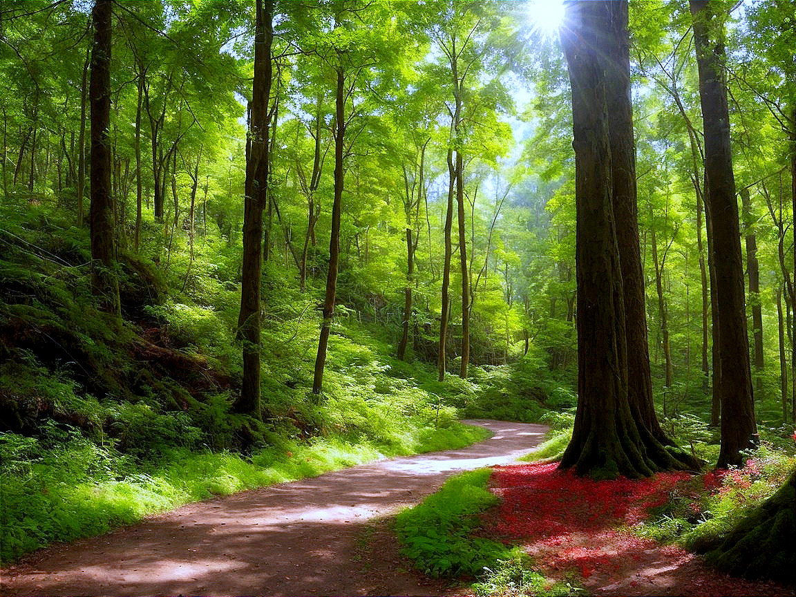Serene Forest Scene with Winding Path and Sunlight