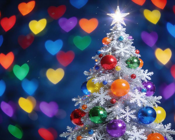 Close-up of a white Christmas tree with colorful ornaments