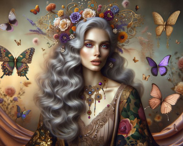 Woman with Silver Hair and Floral Crown in Nature Scene