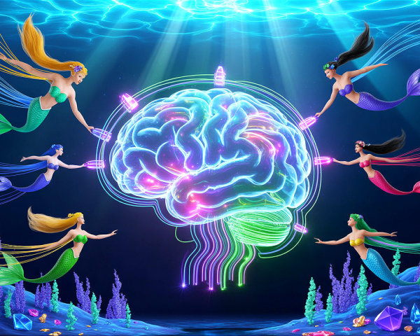 Underwater Scene with Mermaids and Glowing Brain
