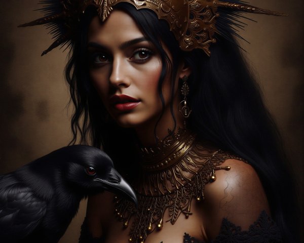 Portrait of a woman with gold jewelry and crown