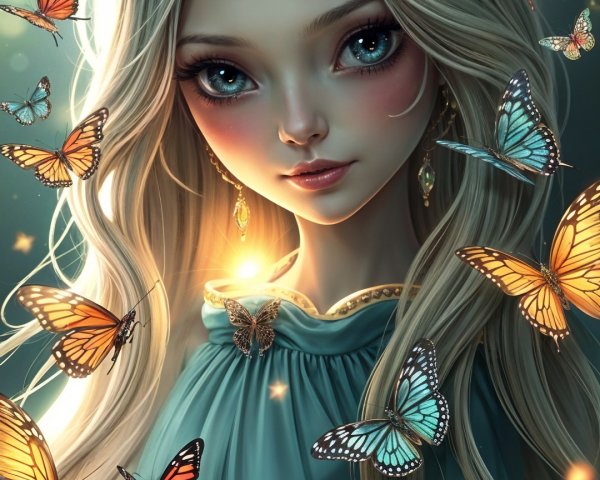Fairy-tale character in turquoise gown with butterflies