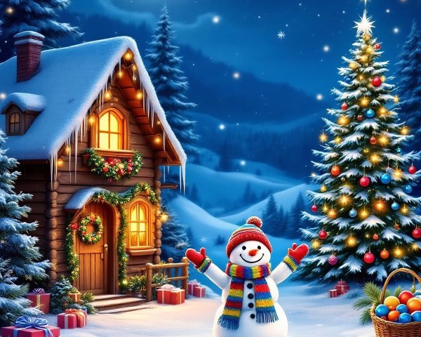 Cozy Winter Cabin with Snowman and Christmas Tree