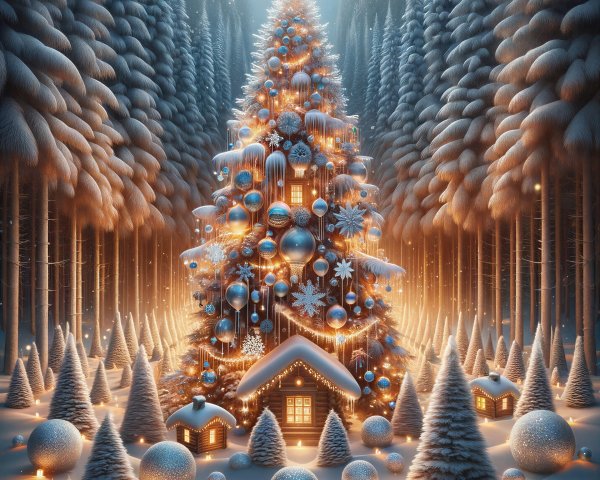 Decorated Christmas Tree in Snowy Winter Landscape