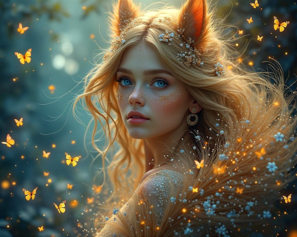 Mystical Figure in Enchanted Forest with Butterflies